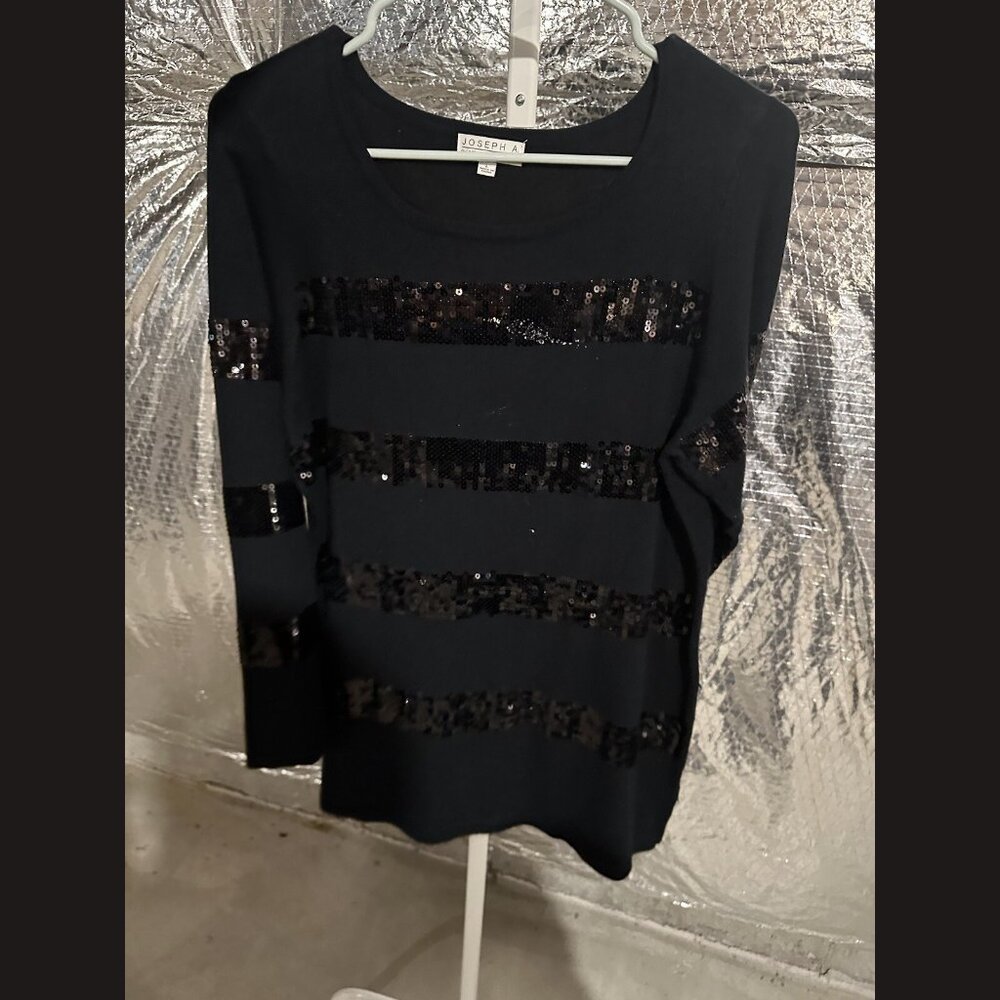 Joseph A Women's Black Scoop Neck Long Sleeve Top with Striped Sparkles,‎ Size L